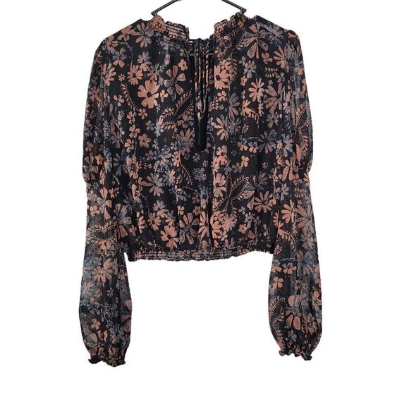 Free People Clarissa Printed Top in Midnight Long Sleeve High Neck Top XS EUC - Picture 7 of 8